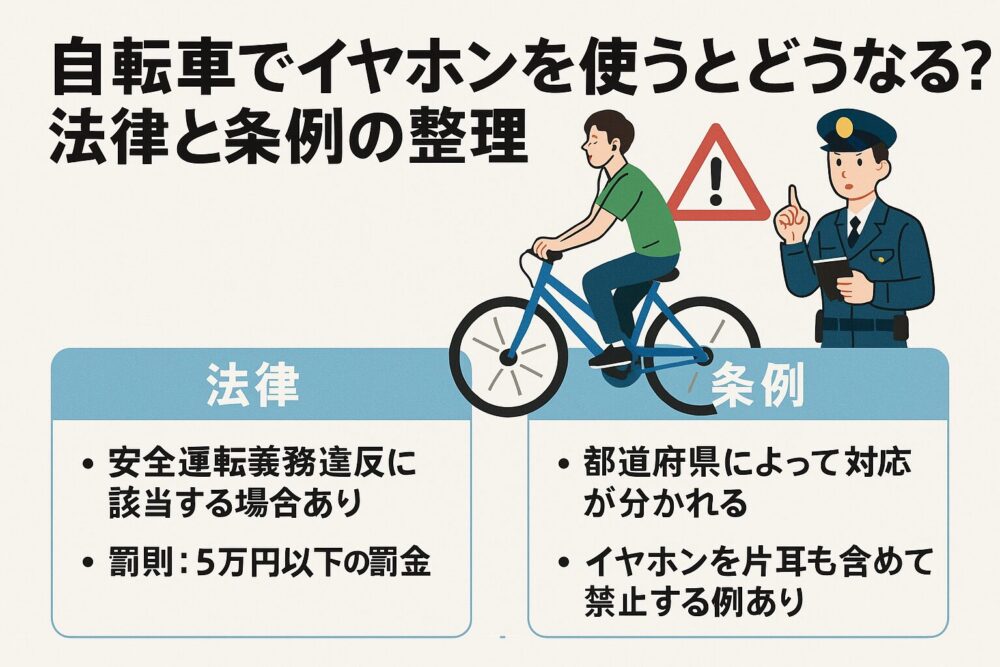 自転車でイヤホンを使うとどうなる？法律と条例の整理